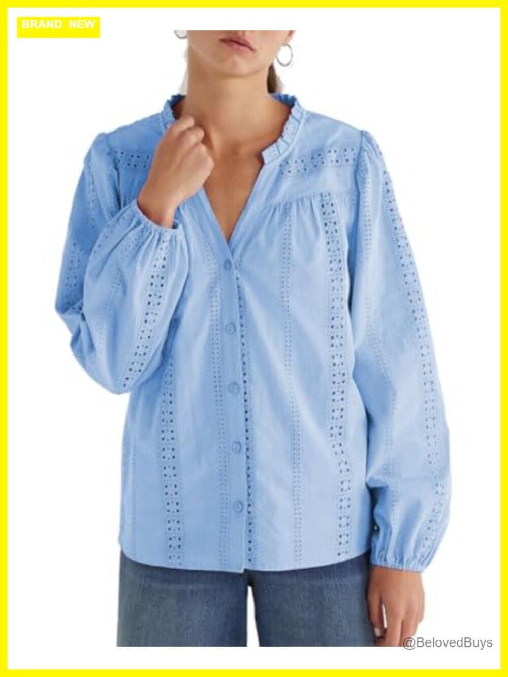 Women's Cotton Button-Down Blouse Crochet Trim Long Sleeve Boho Work Top